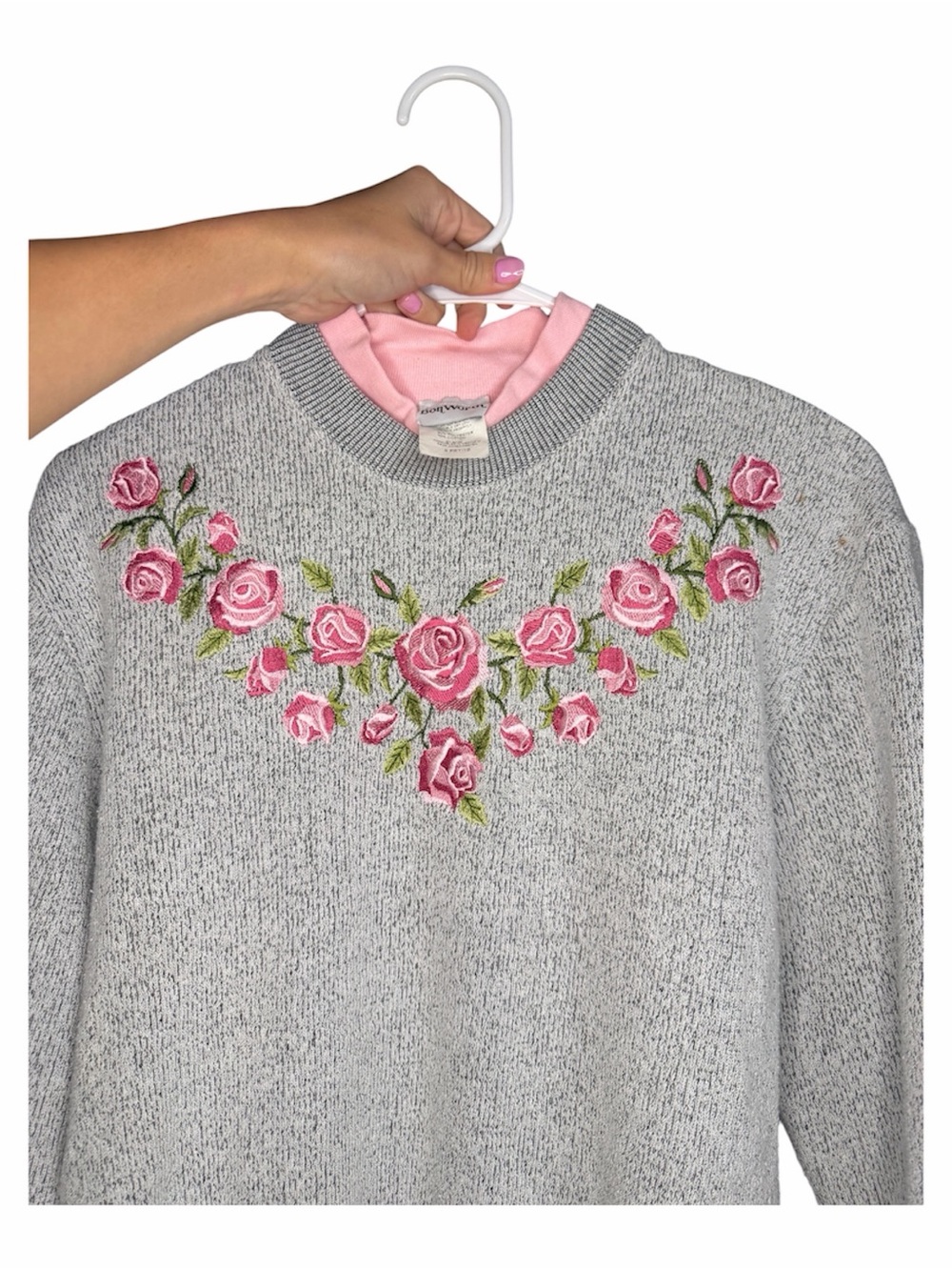 Vintage BonWorth Gray Knit Sweater with Pink Rose Embroidery - Picture 5 of 6